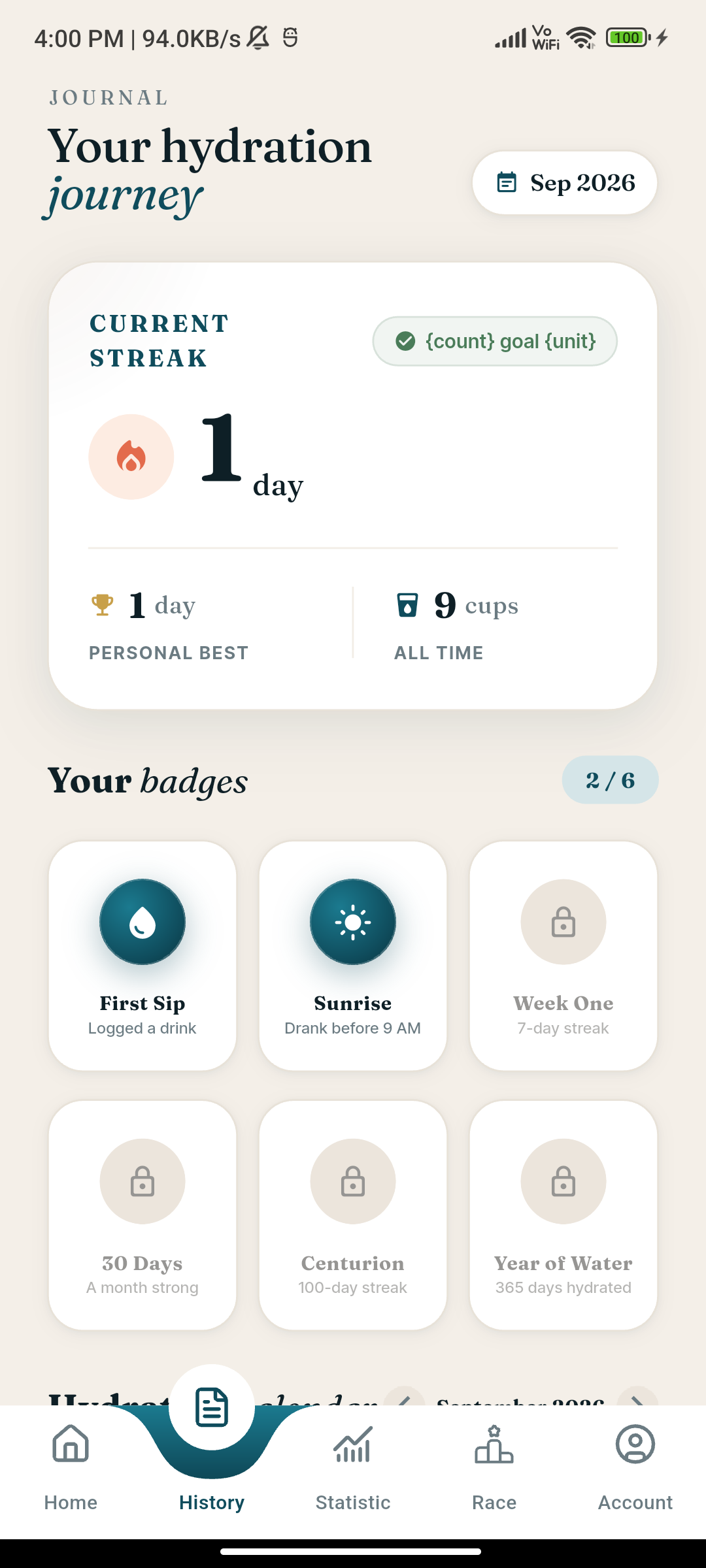 Hydration Journey and Badges Android Screen
