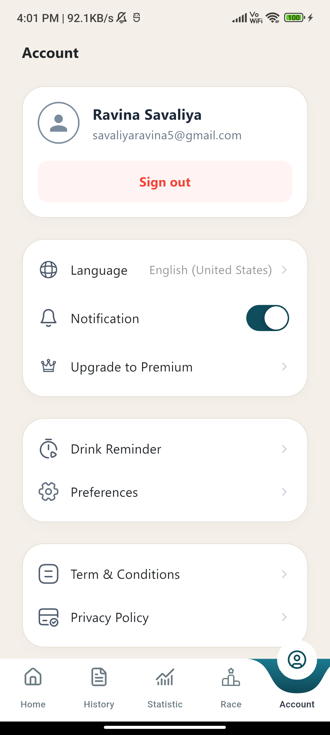 Drink Reminder & Preferences Android Screen